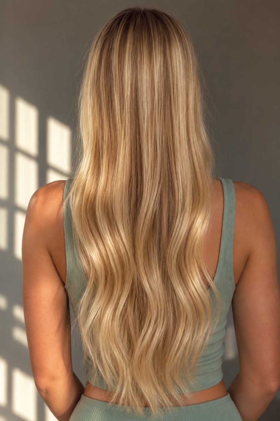 Long hair seen from behind, smooth and flat over the crown, with a loose wave through the ends