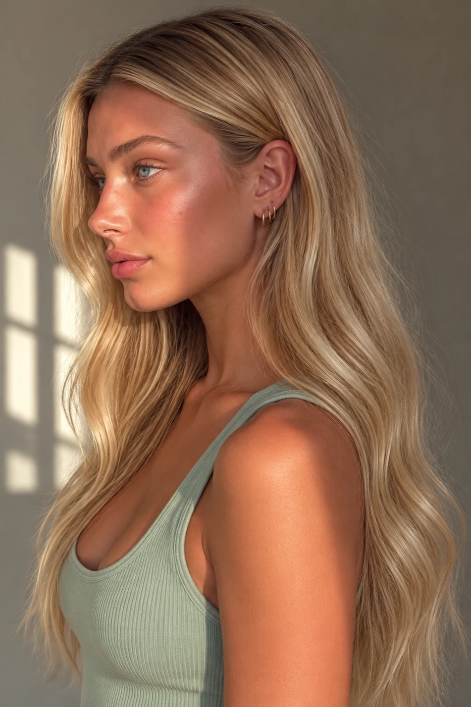 Long, fine hair in profile, with an open, stretched wave through the lengths
