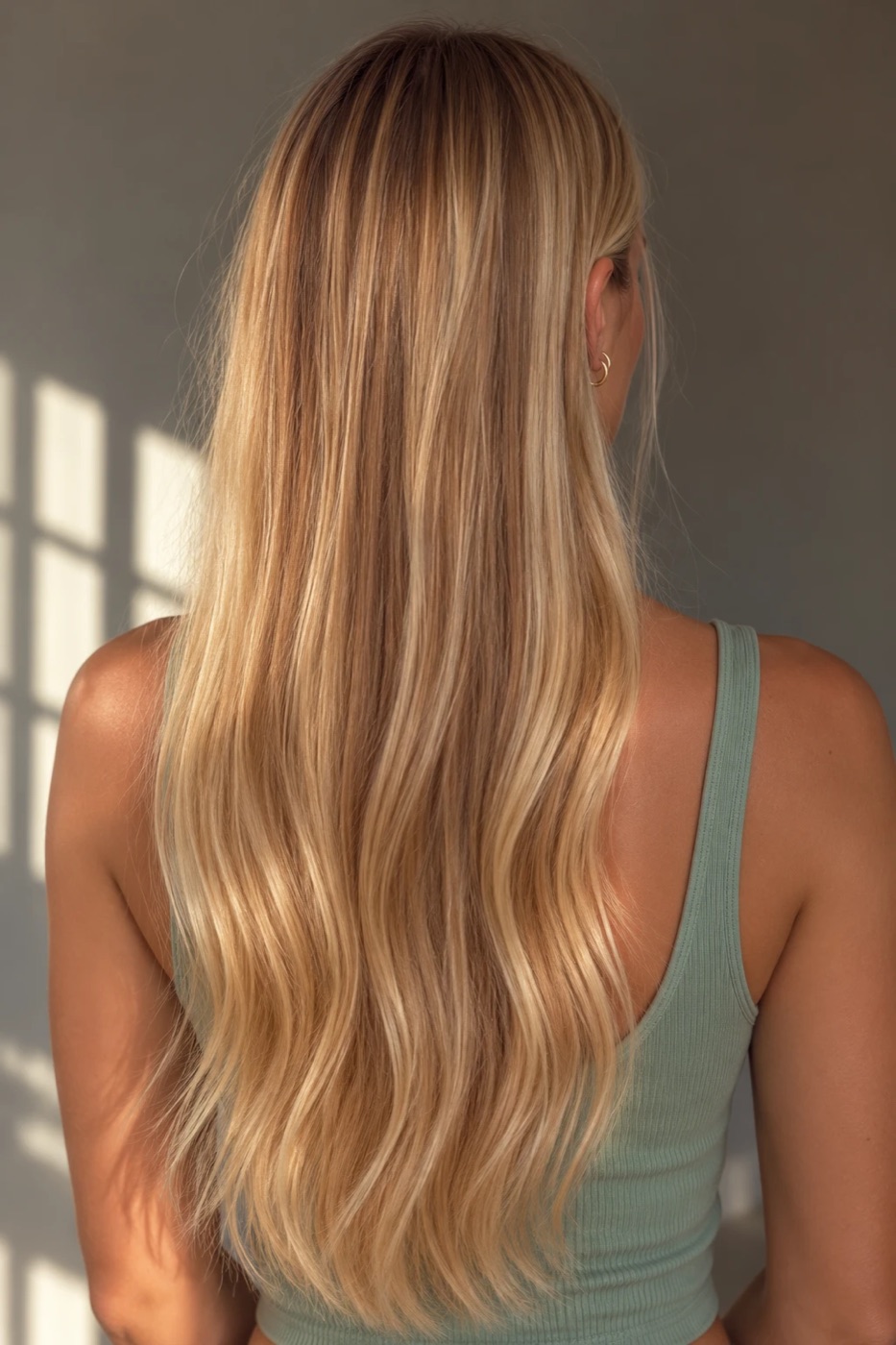 Very long hair seen from behind, nearly straight at the top and gently waved towards the ends