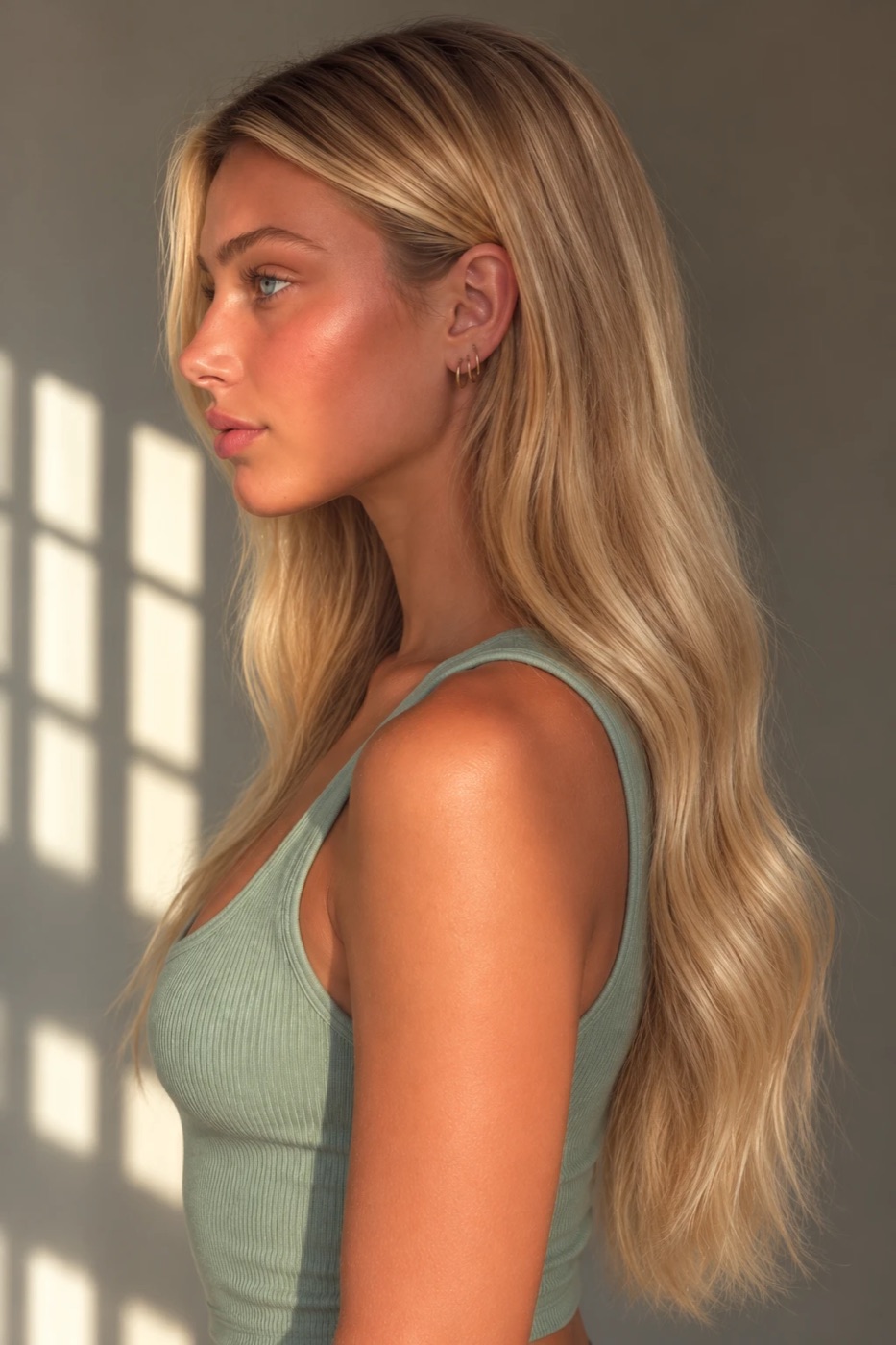 Long hair in profile, flat at the root with a gentle ripple from just below the ear