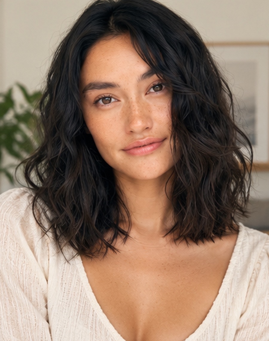 Shoulder-length black hair seen from the front, in soft, tousled bends