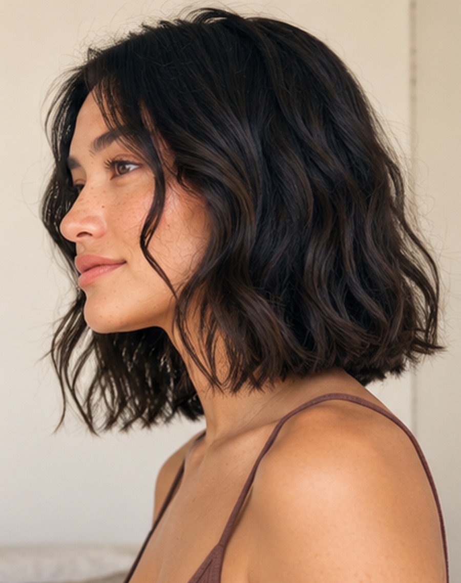 A black lob seen from the side, with soft, loose bends through the ends