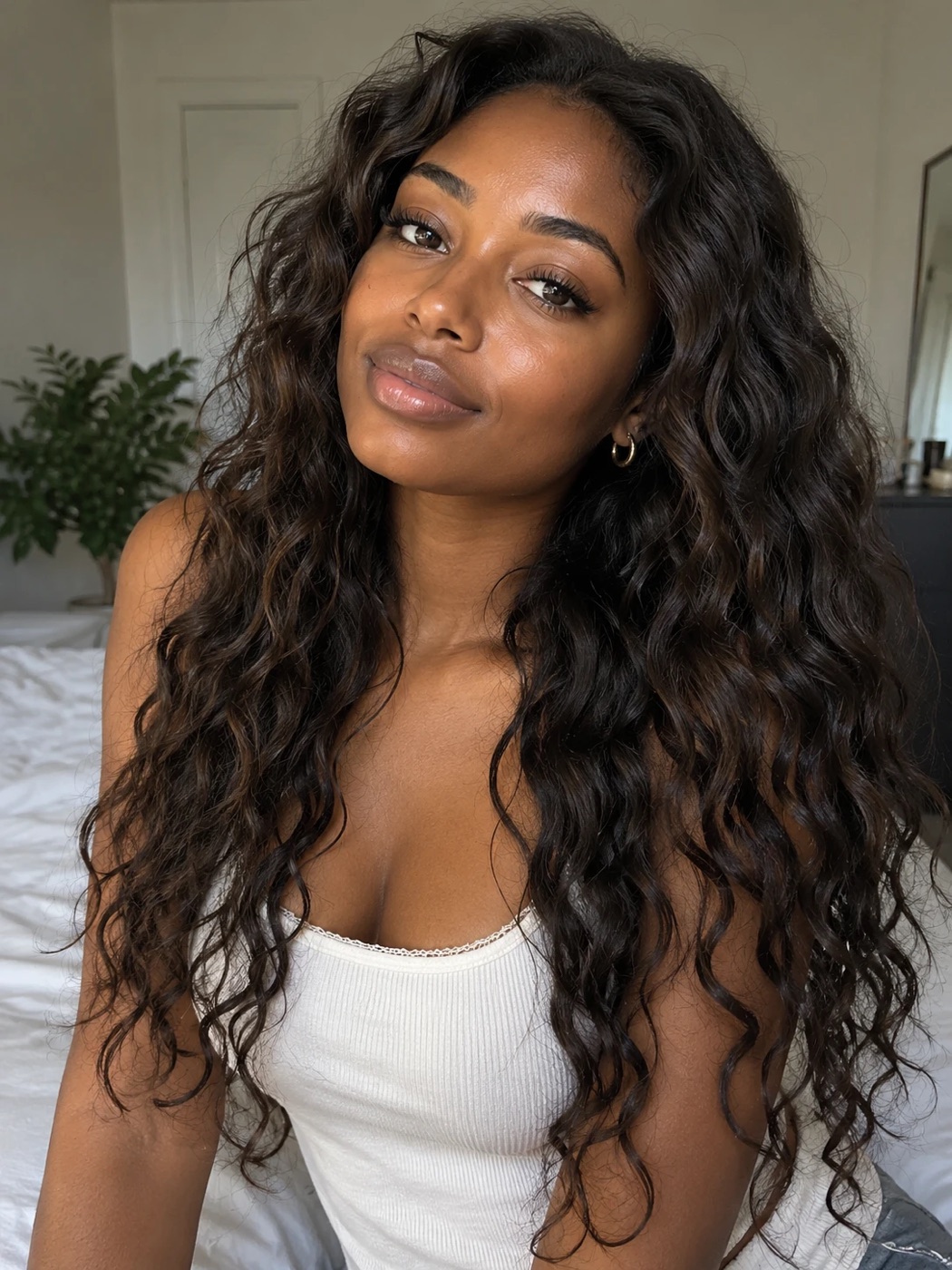 Long dark 2C hair with deep waves from near the root and ringlets through the lengths