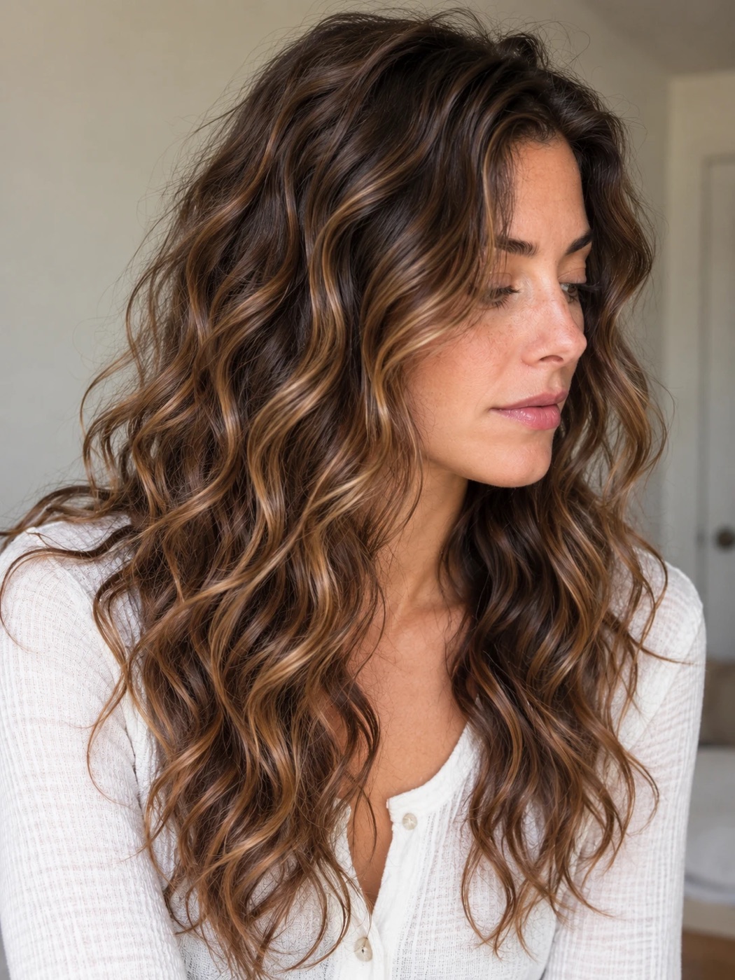 Long dark brown hair with caramel highlights in glossy, clumped S-waves, styled and diffused