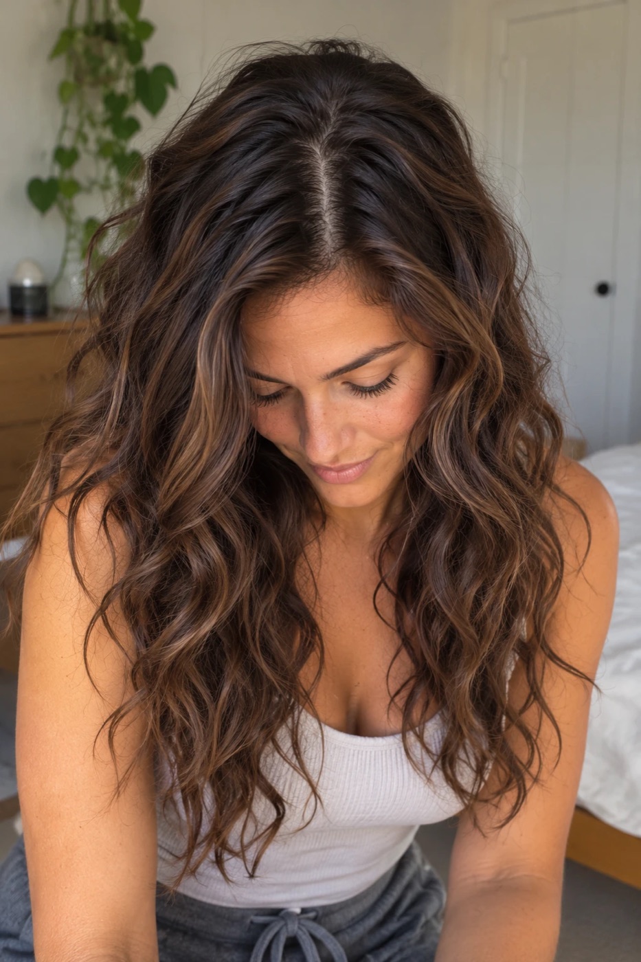 A woman looking down, showing a smooth, flat parting with brown waves forming from around the cheekbones