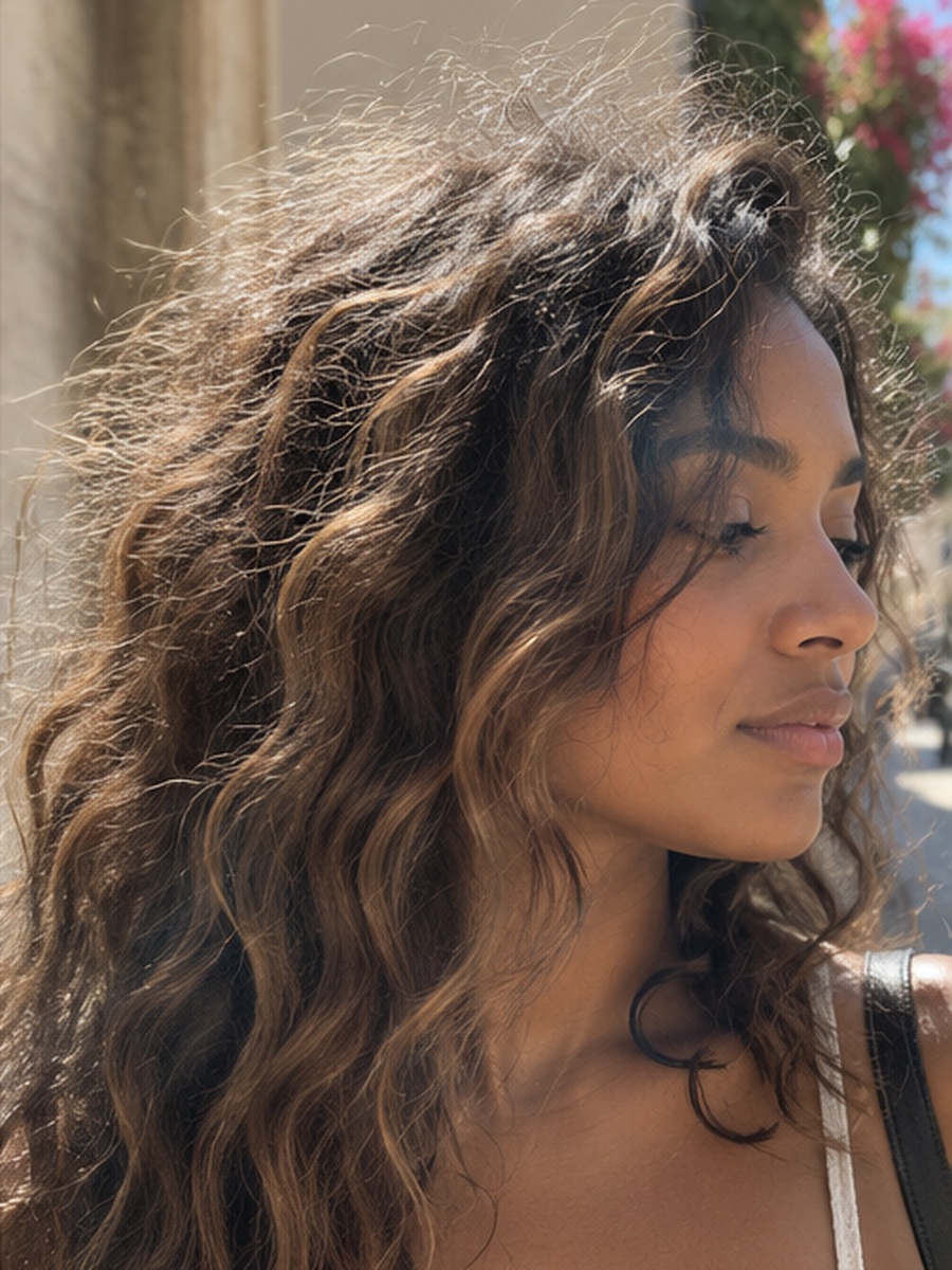 Brown waves with golden highlights in bright sun, with a halo of frizz on top and defined waves underneath