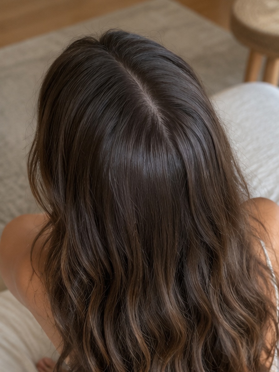 Long dark brown hair seen from above and behind, smooth and flat at the crown, waving from the mid-lengths down