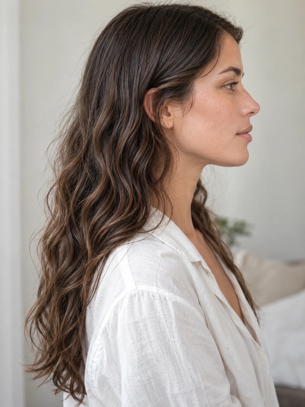 Long dark brown hair with lighter ends, seen in profile, with loose S-waves starting just below the ear