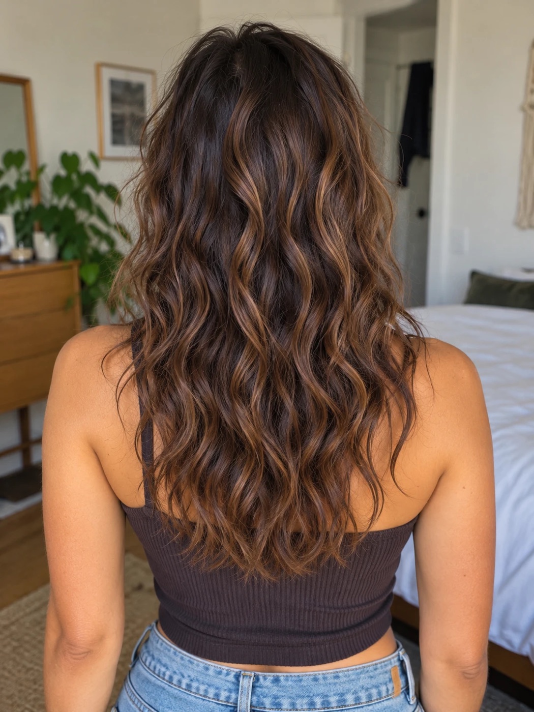 Long dark brown hair with caramel highlights seen from behind, flat at the top and waving from the upper back down