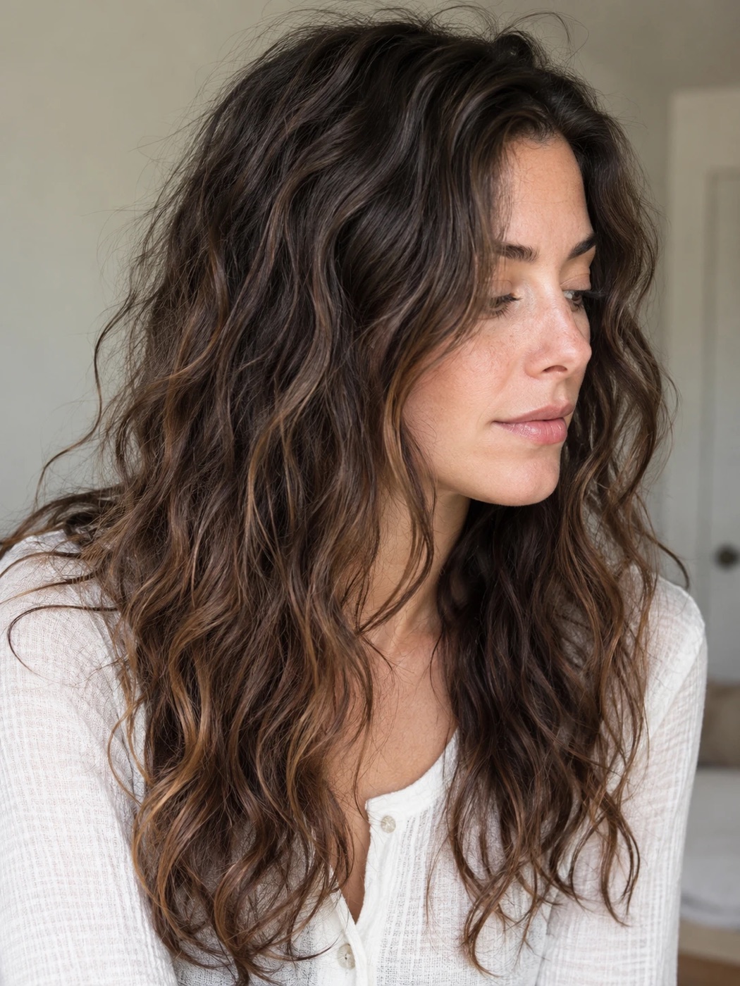 Long dark brown hair with caramel highlights in loose, tousled S-waves with some frizz