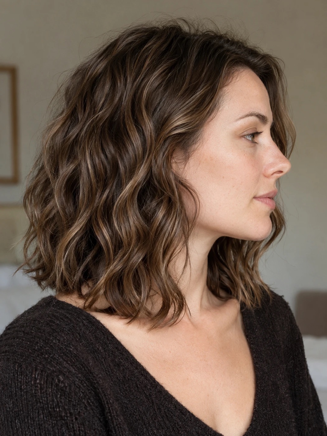 Collarbone-length brown hair with highlights, seen from the side, waving from close to the root