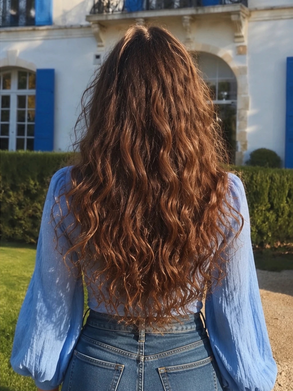 Long, thick, light brown hair seen from behind, waving from close to the root and tightening towards the ends