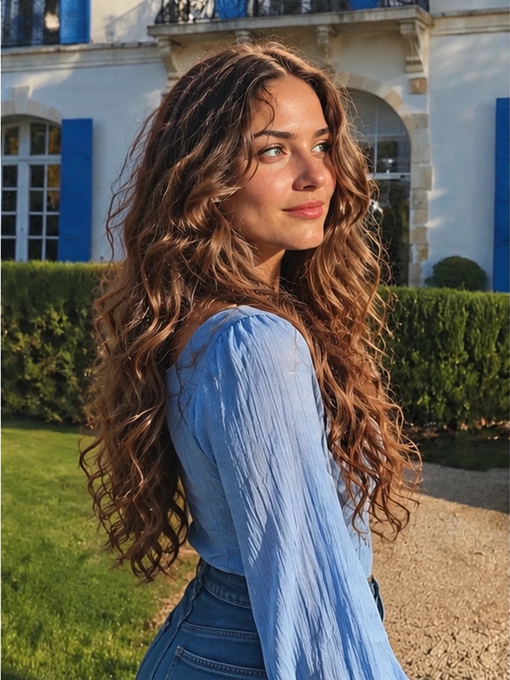 A woman turned to the side with long, thick, light brown hair in deep S-waves and loose ringlets