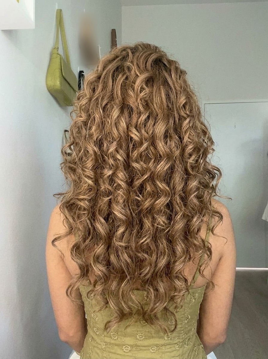 Long, glossy hair seen from behind, with loose ringlets from the crown to the ends