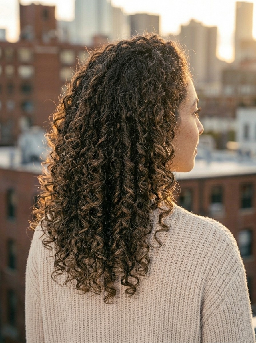 Medium-length, dark brown hair seen from behind, in springy ringlets from the crown down