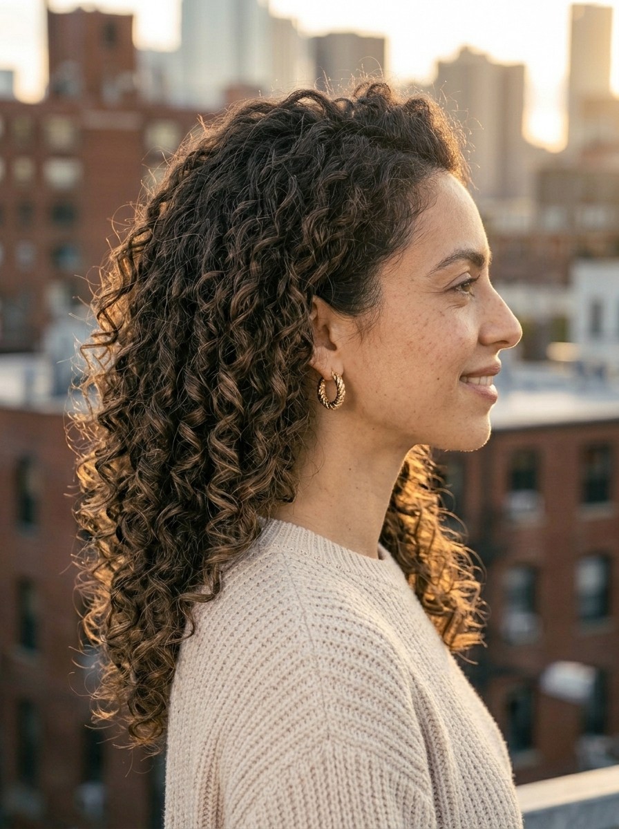 A woman in profile with dark brown hair in springy spiral ringlets about the width of a marker pen