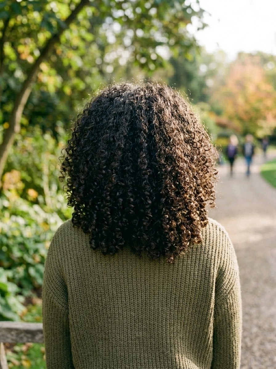 Dark brown hair seen from behind, in densely packed corkscrew curls past the shoulders