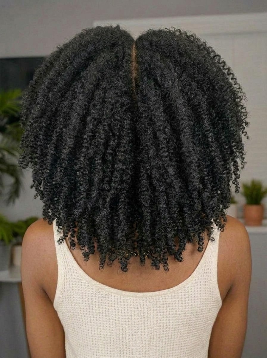 Coily hair seen from behind, with small, defined coils from the root