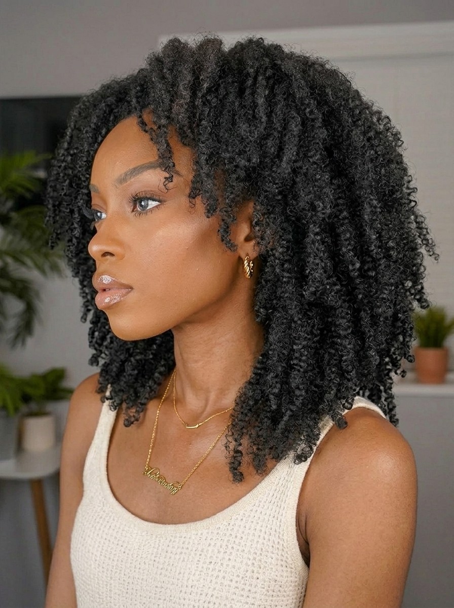 Coily hair in profile, with small, round coils about the width of a crochet needle
