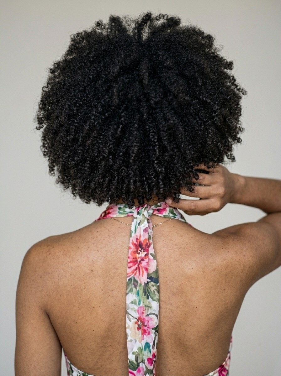 Coily hair seen from behind, in a full, rounded shape