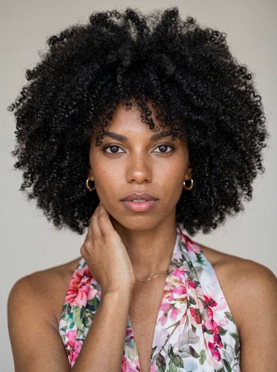 Coily hair seen from the front, in a soft, fluffy shape with zigzag bends