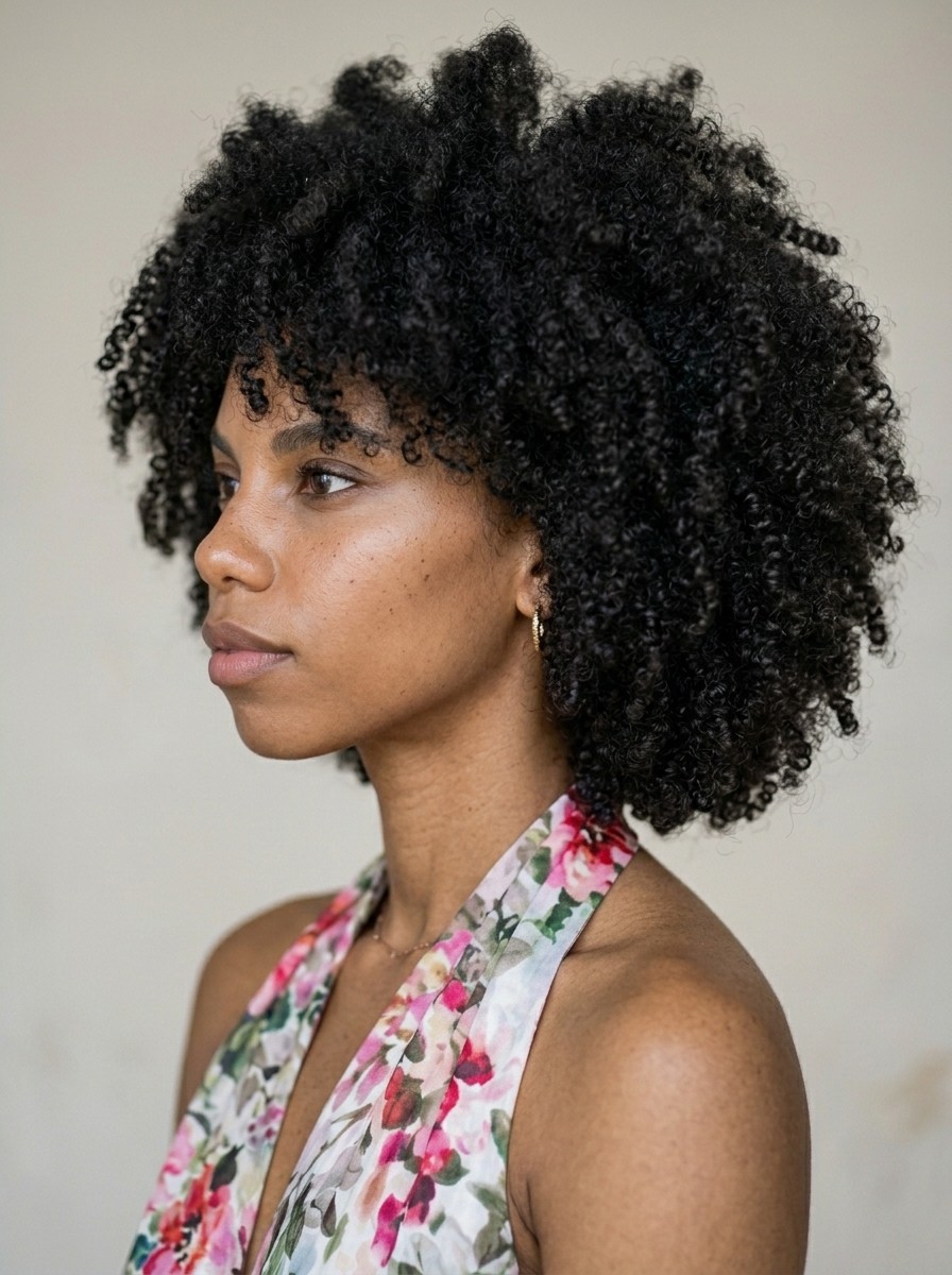 Coily hair in profile, dense and cottony, with a faint zigzag pattern