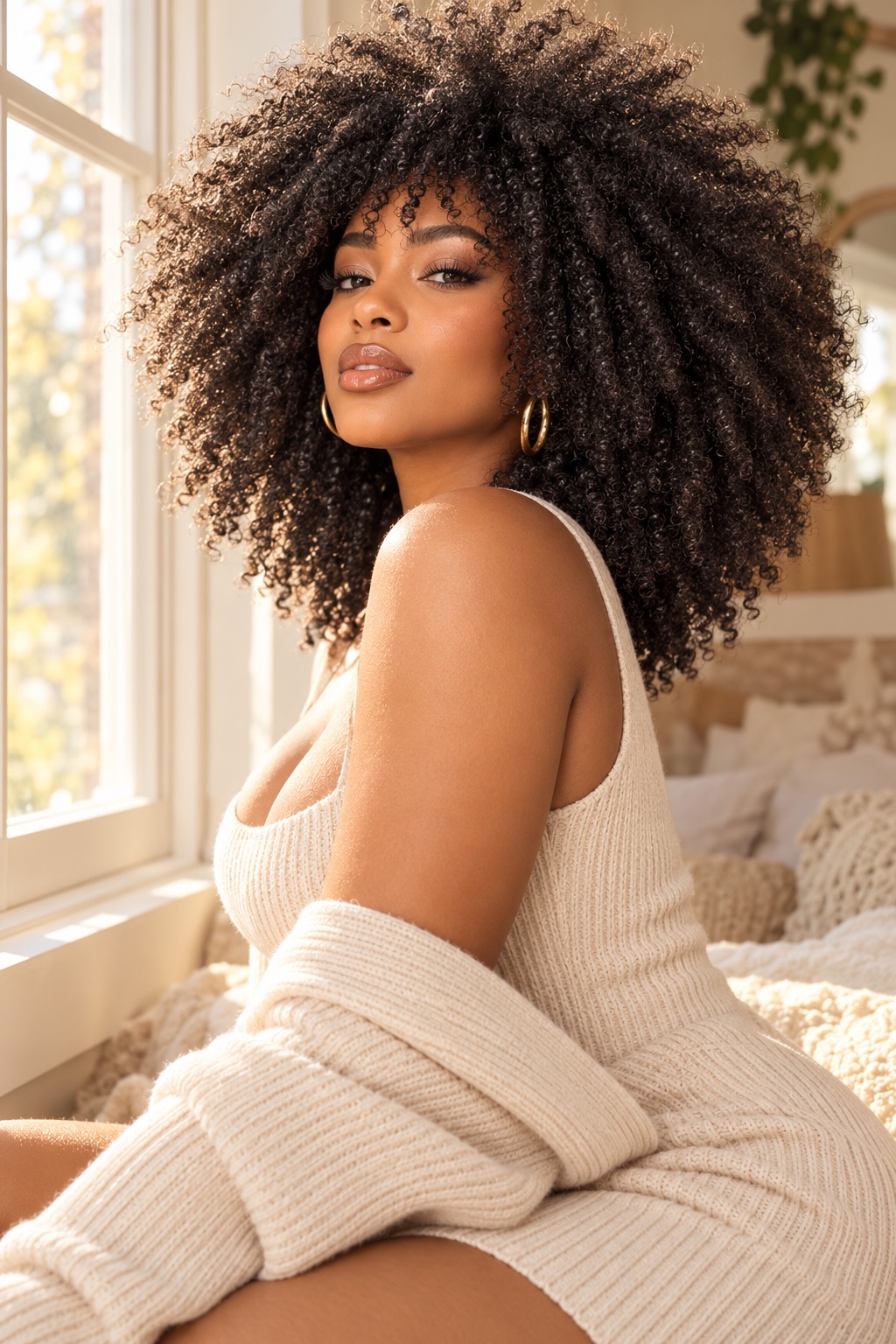 A woman with a full, soft afro of tightly textured hair