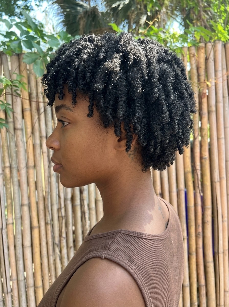 Short coily hair in profile, with tight coils packed close together