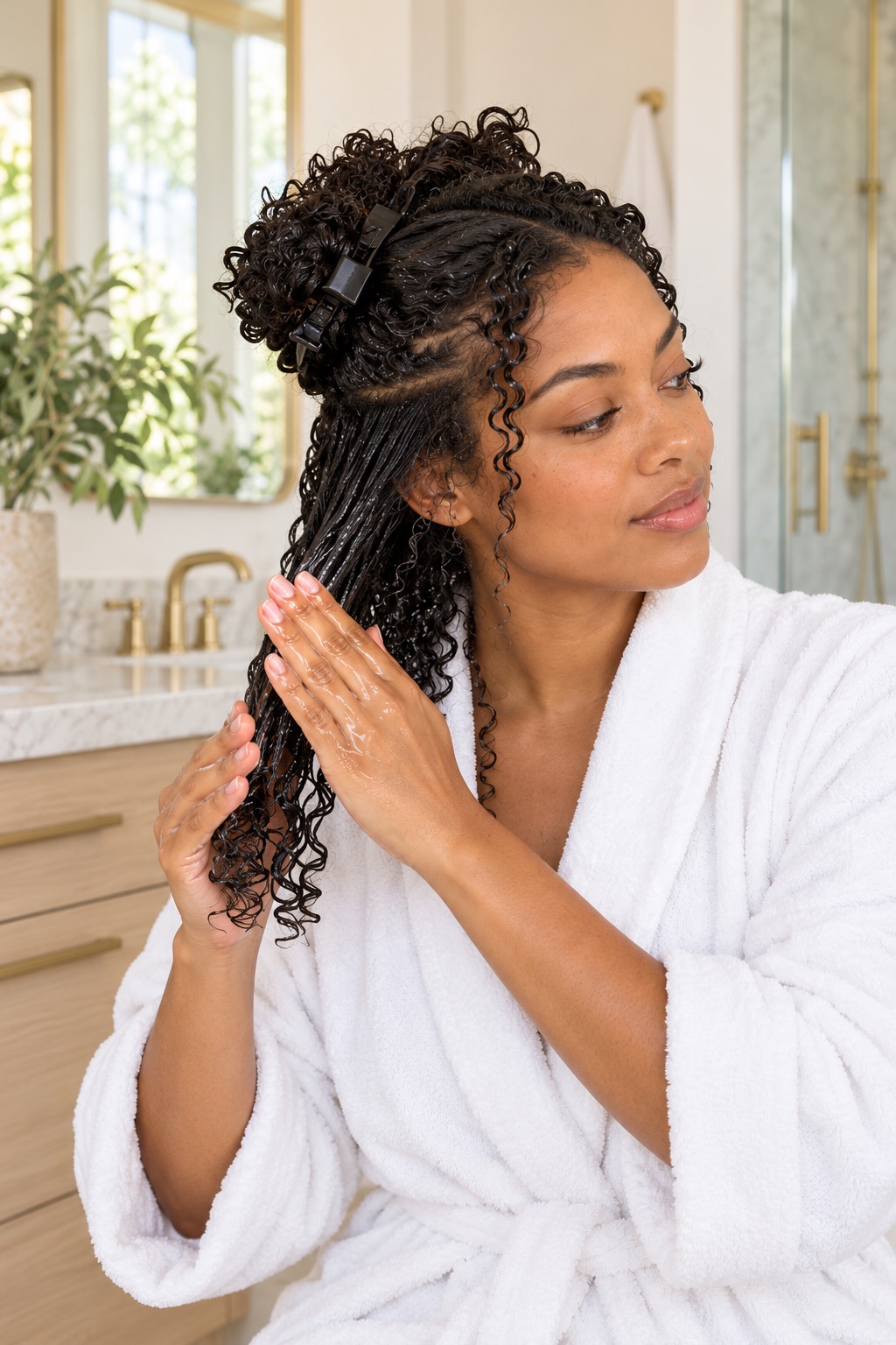 A woman glazing gel over a wet section of curls between flat palms, the rest of her hair clipped up