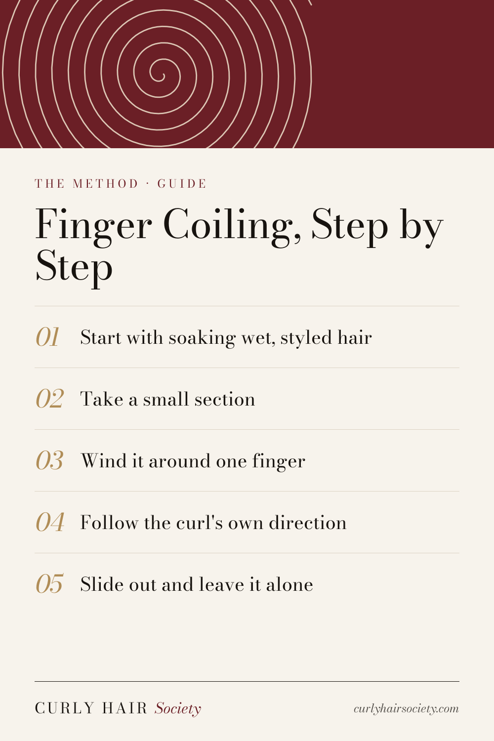 Finger Coiling, Step by Step, a summary graphic from Curly Hair Society