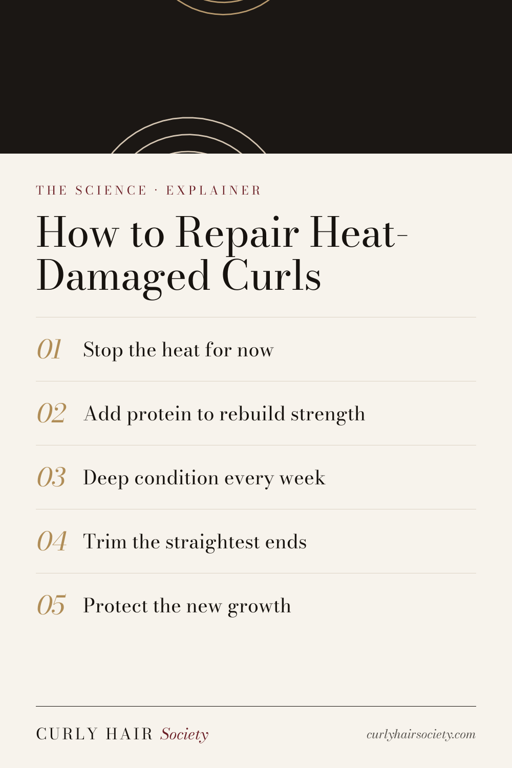 How to Repair Heat-Damaged Curls, a summary graphic from Curly Hair Society
