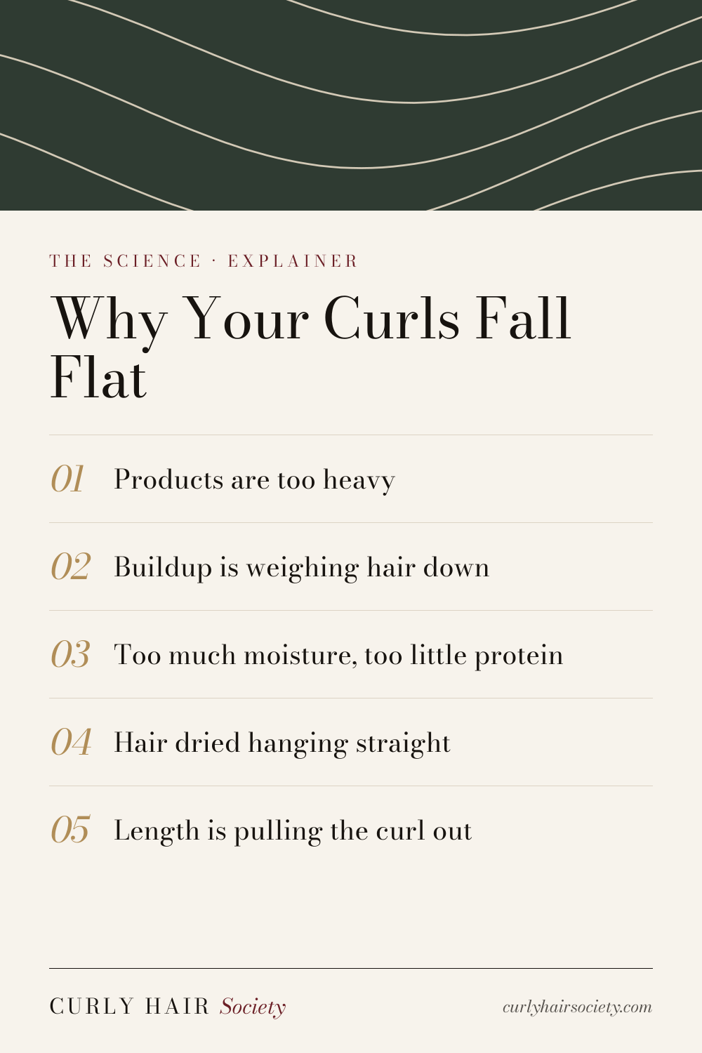 Why Your Curls Fall Flat, a summary graphic from Curly Hair Society